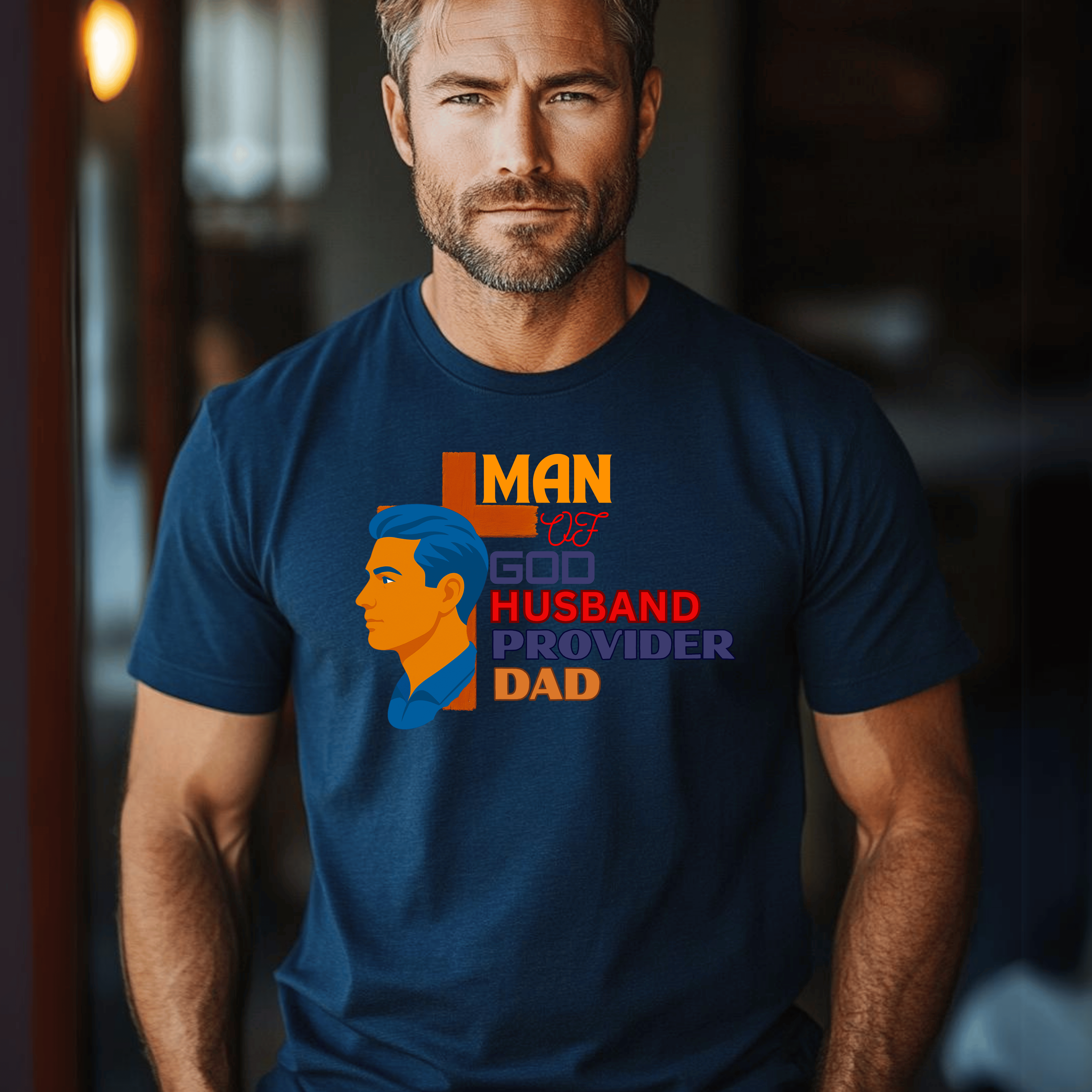 Father's Day T-Shirt with 'Man of God, Husband, Provider, Dad' text – Inspirational gift for men